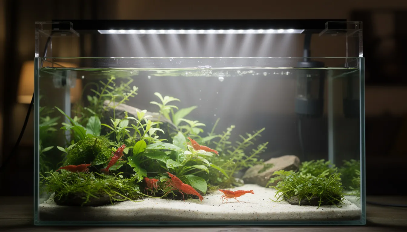 Moderne LED-Aufsatzleuchte über bepflanztem Nano-Garnelenbecken mit schönen Lichtreflexen