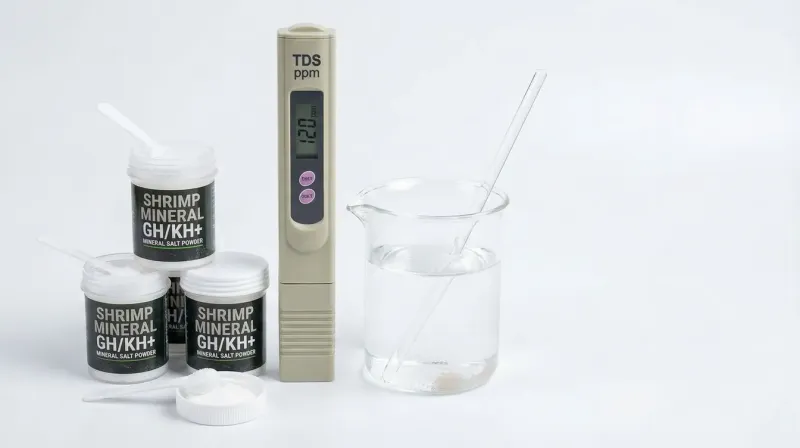 TDS-Meter neben Aufhärtesalz und Becher für die Wasseraufbereitung