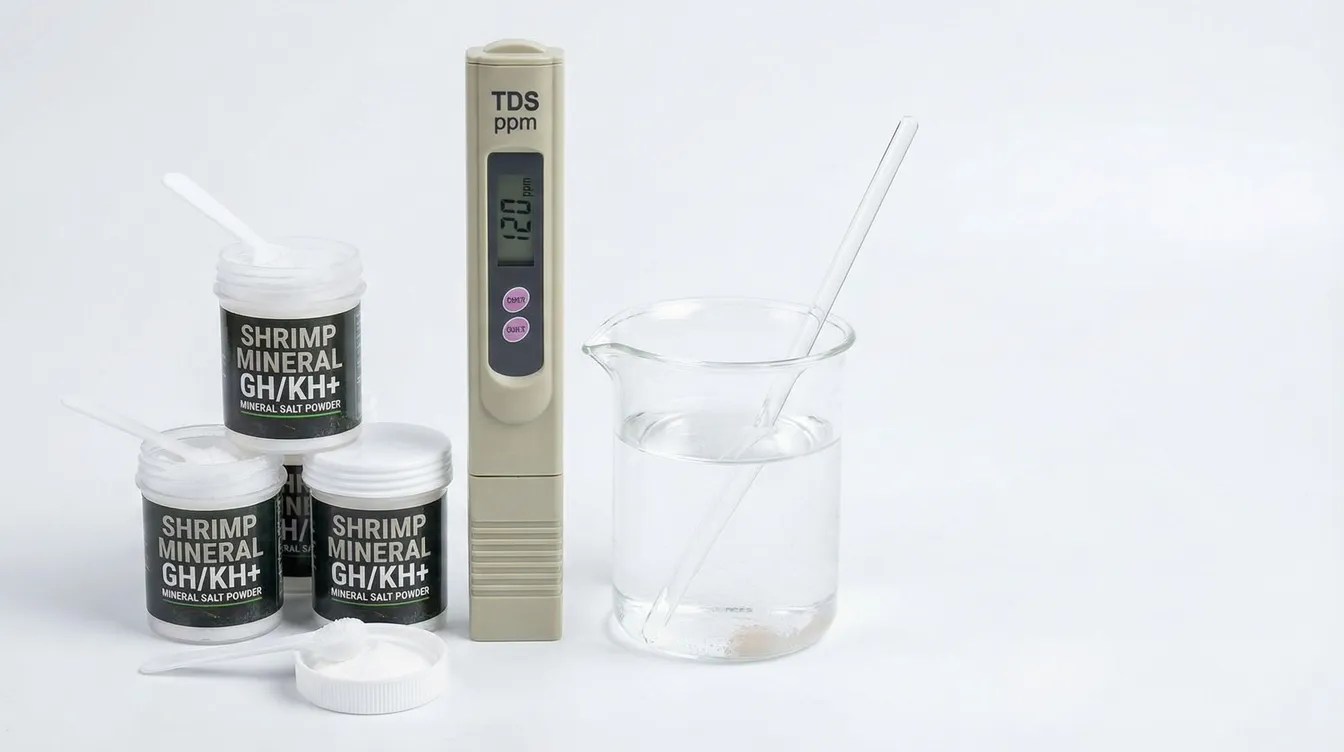 TDS-Meter neben Aufhärtesalz und Becher für die Wasseraufbereitung