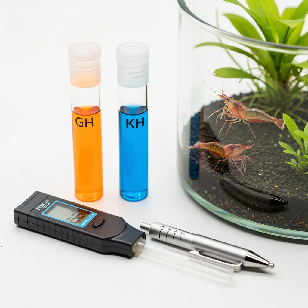 Wassertestausrüstung: TDS-Messgerät, GH- und KH-Tests neben Garnelenaquarium auf weißer Fläche