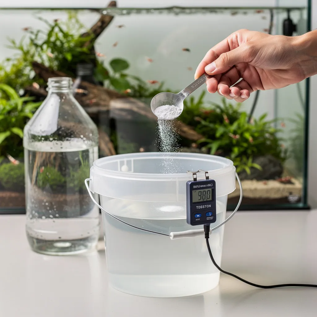 Aufhärtung von Osmosewasser: Mineralsalz wird mit Messlöffel zugegeben, TDS-Meter zeigt Leitwert