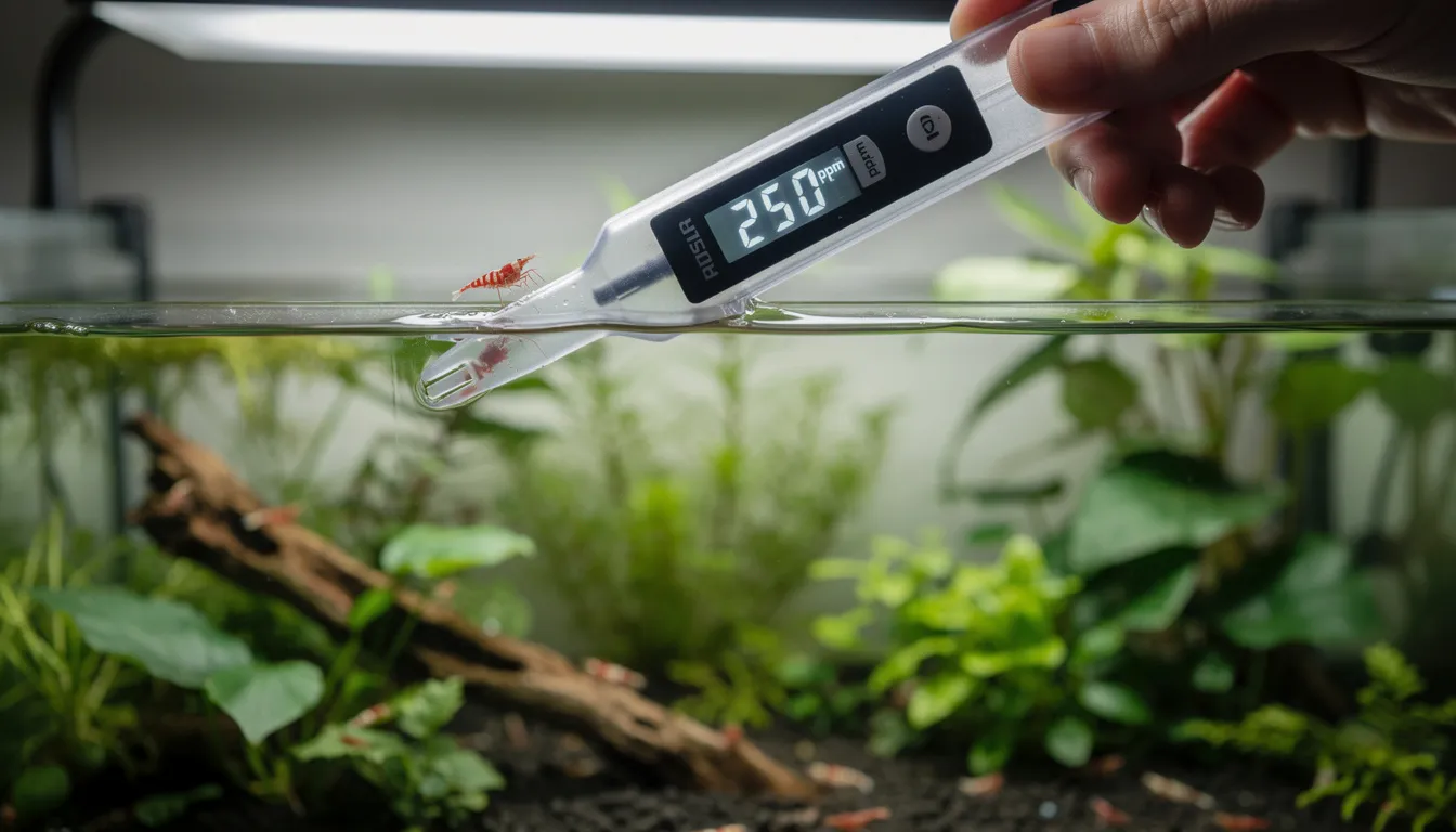 TDS-Meter misst den Leitwert im Aquarienwasser, Display zeigt den Wert