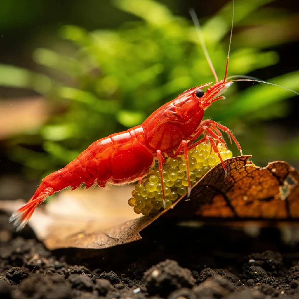 Tragende Neocaridina-Garnele mit großem Gelege als Zeichen erfolgreicher Linienzucht und Fertilität