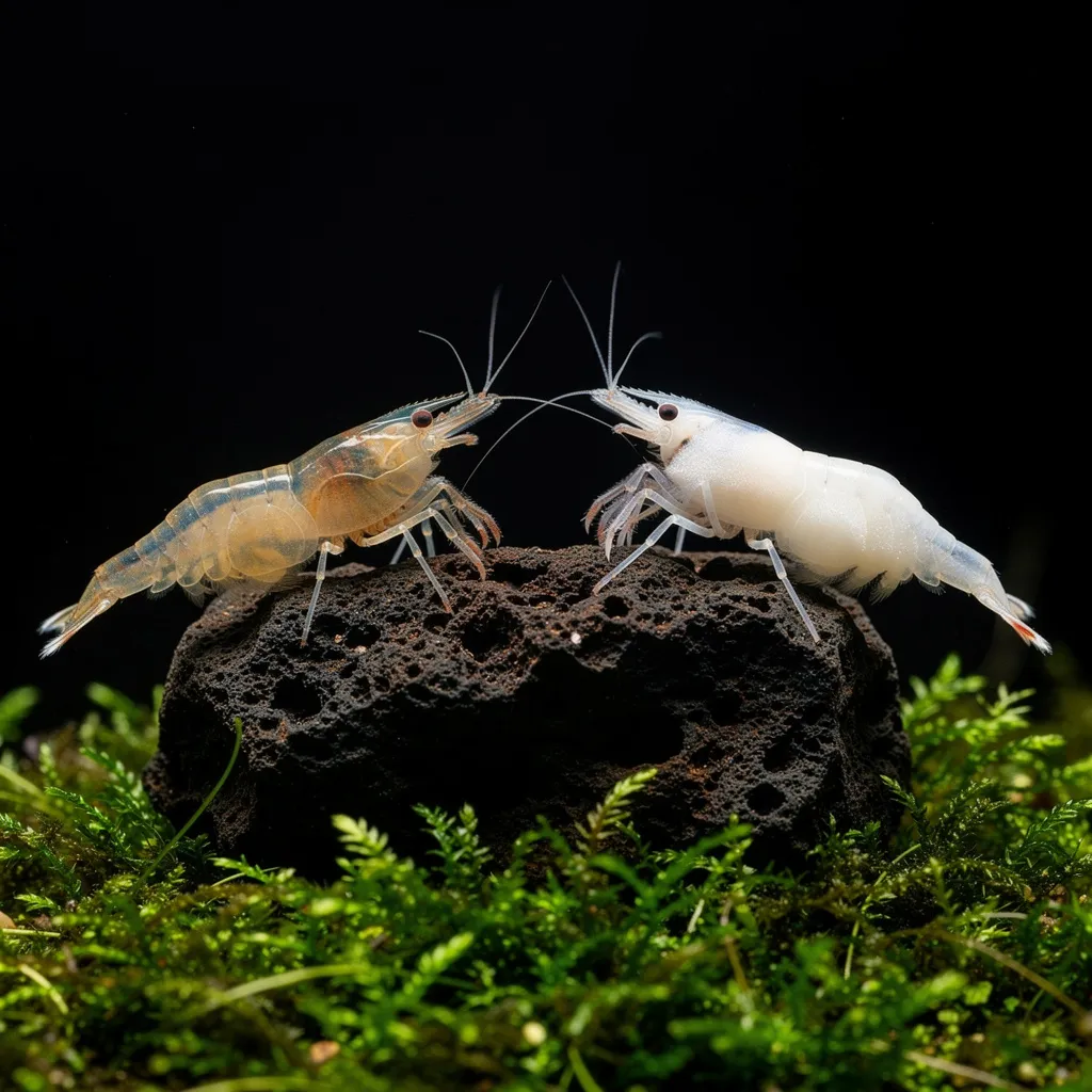 Vergleich: gesunde durchsichtige Garnele neben Garnele mit milchig-trüber Muskelnekrose im Aquarium