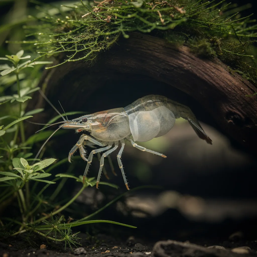 Gestresste Garnele mit milchiger Verfärbung versteckt sich unter Wurzelholz im dicht bepflanzten Aquarium