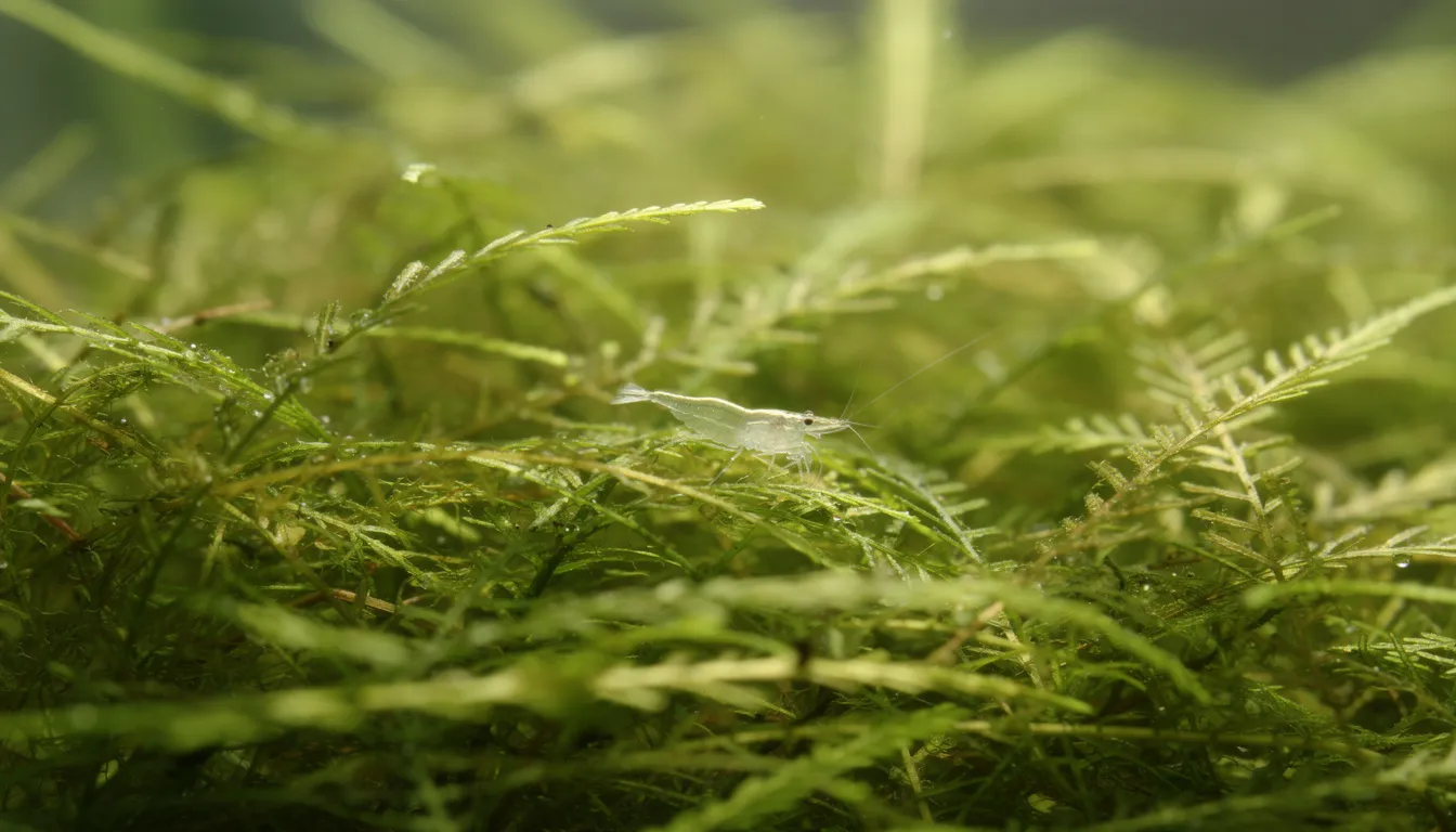Winzige Baby-Garnelen versteckt zwischen dichten Moosfaeden im Aquarium