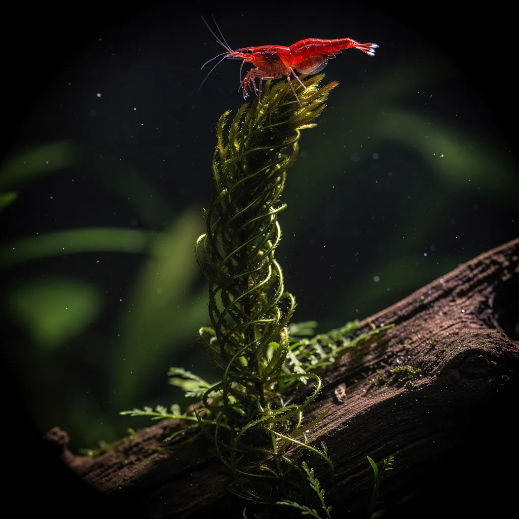 Flame-Moos wächst flammenartig aufwärts auf Wurzelholz mit roter Neocaridina-Garnele an der Spitze