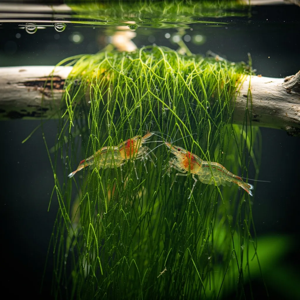 Weeping-Moos hängt wie ein grüner Wasserfall von Wurzelholz, zwei Garnelen versteckt in den Wedeln
