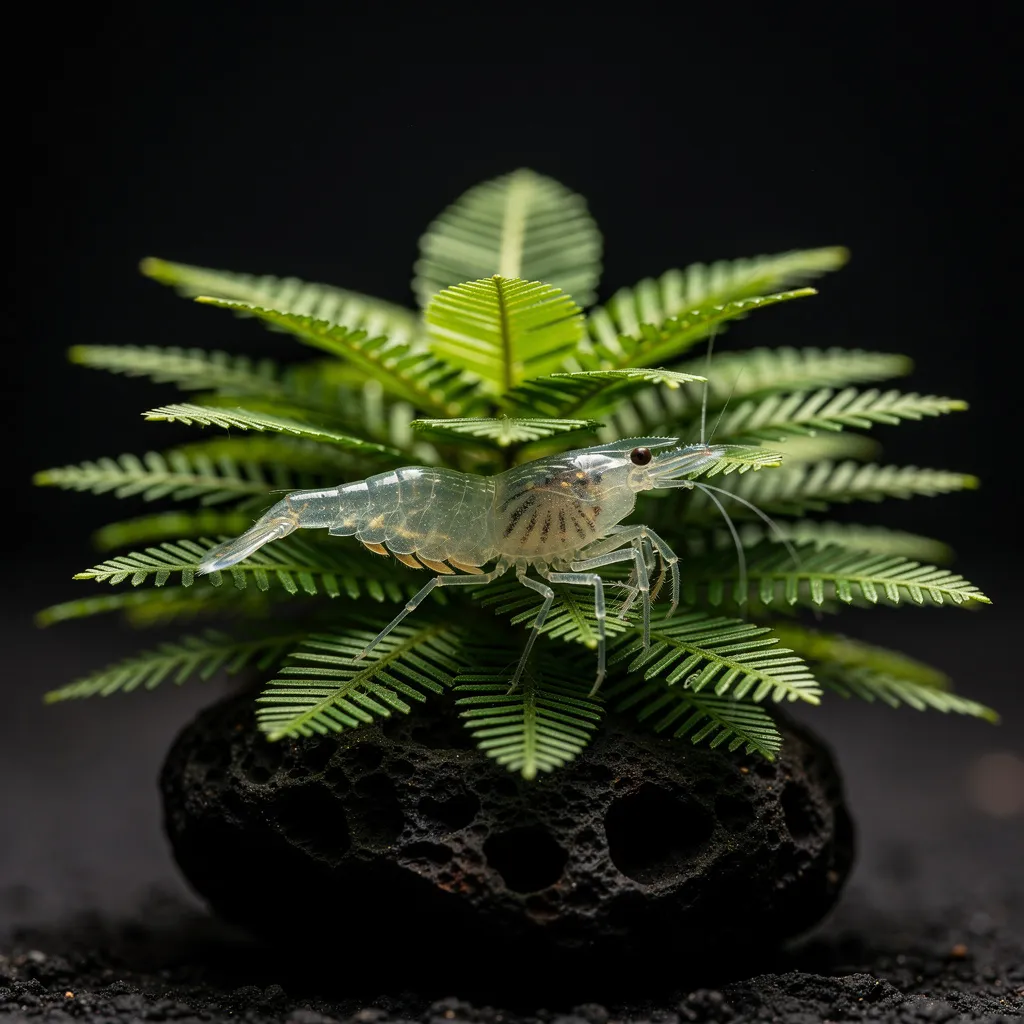 Fissidens fontanus auf Lavastein mit farnartigen Wedeln und winziger Junggarnele zwischen den Blättern