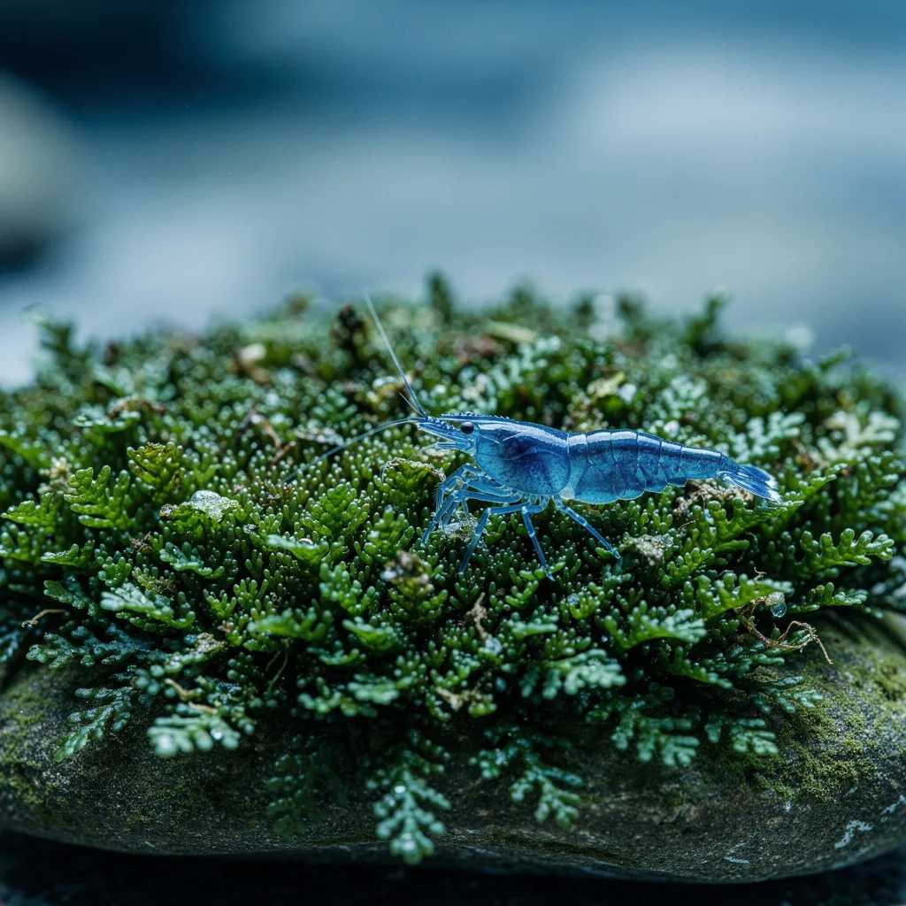 Korallenmoos (Riccardia) bildet korallenartigen grünen Teppich auf Stein mit Blue-Dream-Garnele