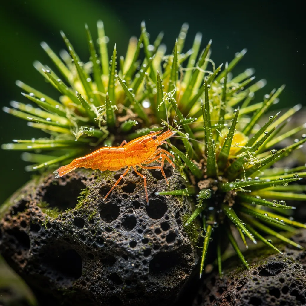 Spiky-Moos mit stacheligen Wedeln auf Vulkanstein und Orange-Sakura-Garnele im stachligen Bewuchs