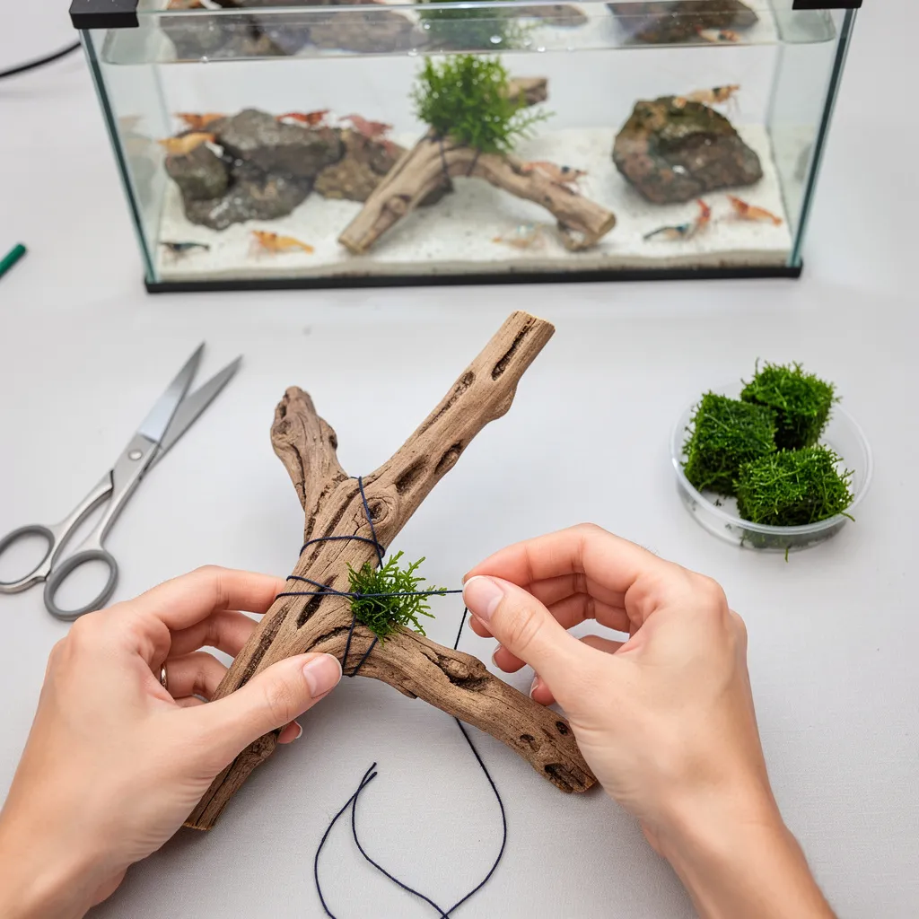 Moos wird mit Baumwollfaden auf Wurzelholz aufgebunden, Schere und Moosportionen auf Arbeitsfläche