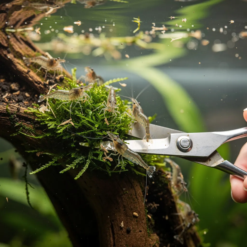 Moos wird im Aquarium mit Schere getrimmt, Garnelen sammeln sich an der frisch geschnittenen Stelle