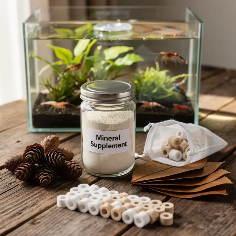 Nachhaltige Aquaristik-Utensilien auf Holztisch: Erlenzapfen, Seemandelbaumblätter und Nano-Becken
