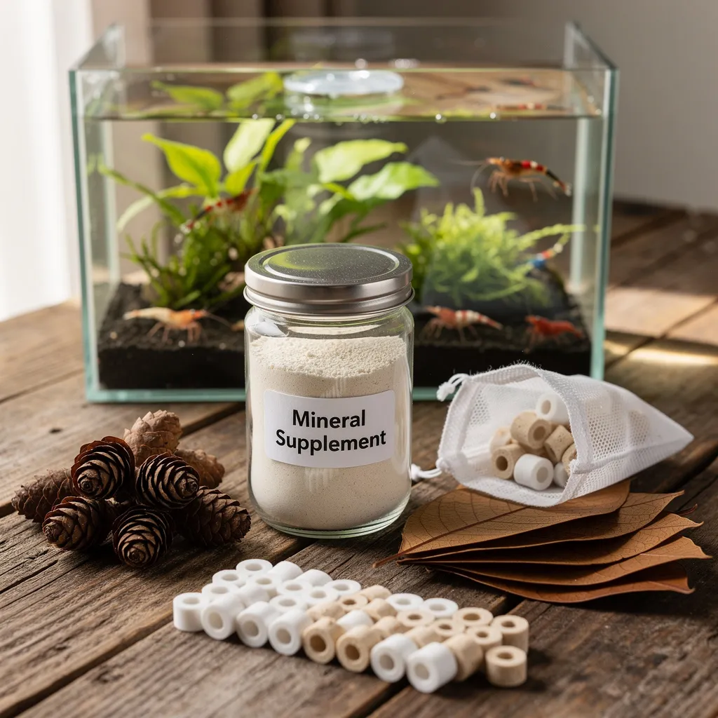 Nachhaltige Aquaristik-Utensilien auf Holztisch: Erlenzapfen, Seemandelbaumblätter und Nano-Becken