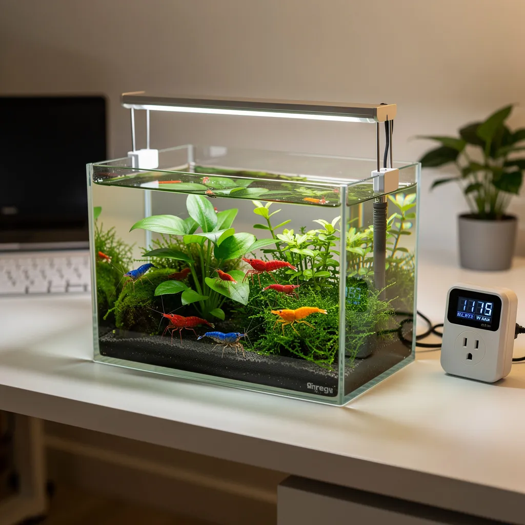 Energieeffizientes Nano-Garnelenbecken mit LED-Beleuchtung und Energiemessgerät am Schreibtisch