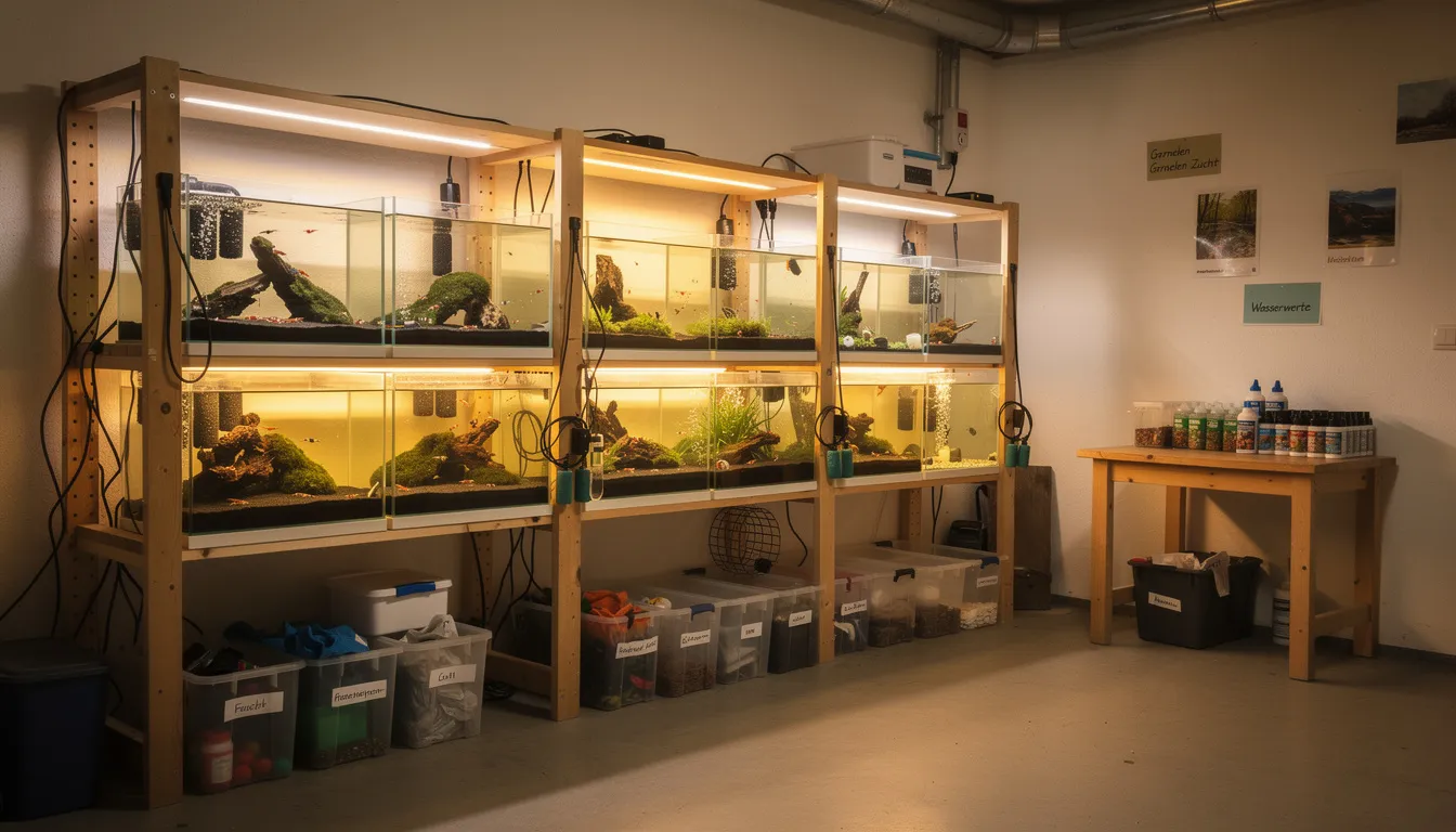 Heimisches Garnelen-Zuchtsetup im Hobbyraum mit mehreren Becken auf Holzregalen