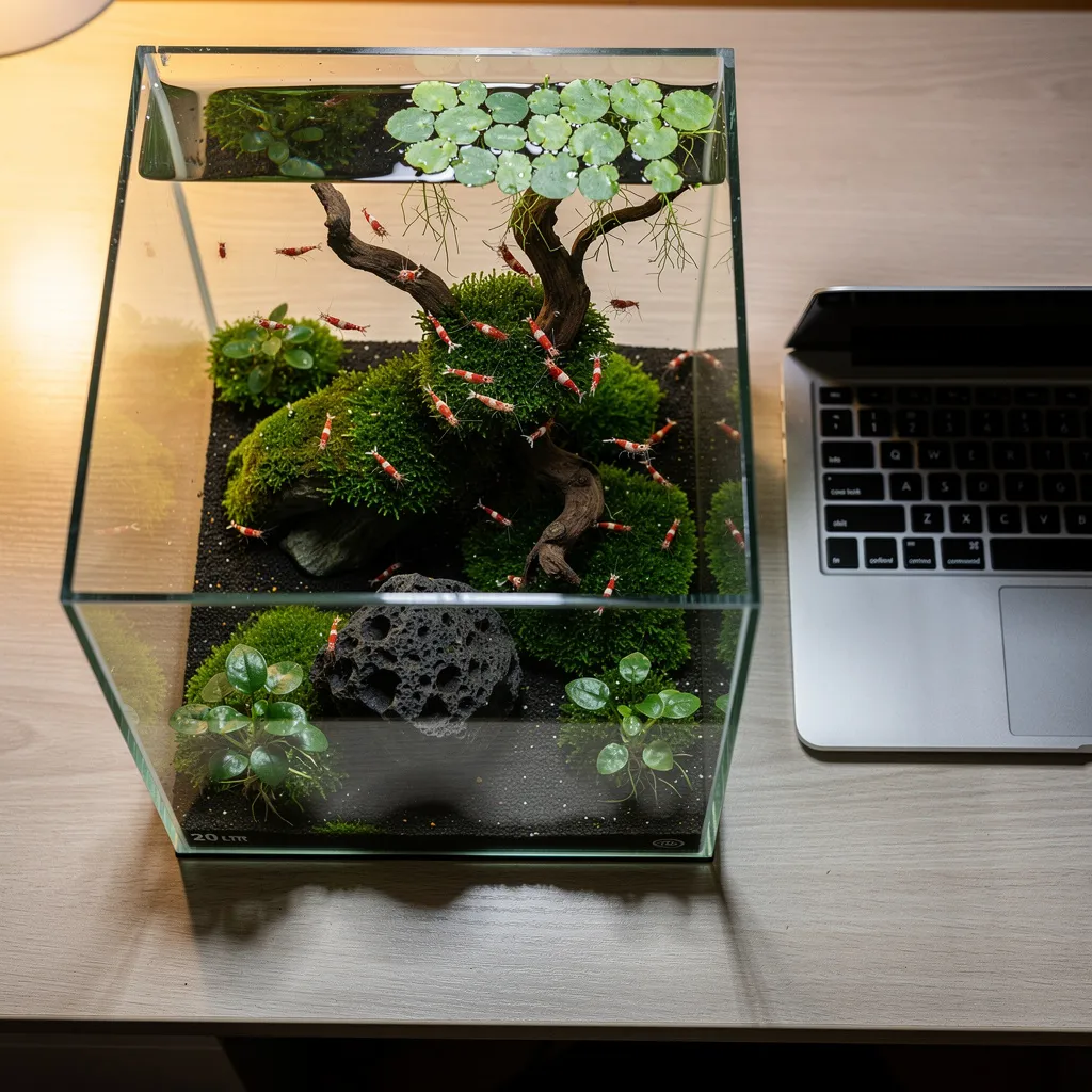Perfekt eingerichtetes 20-Liter Nano-Garnelenbecken auf einem Schreibtisch