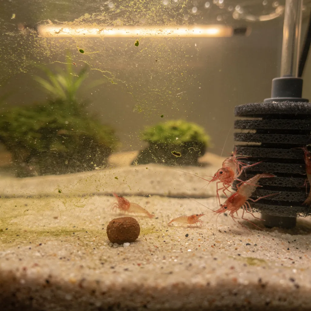 Typische Anfängerfehler im Nano-Garnelenbecken wie Algen und Futterreste