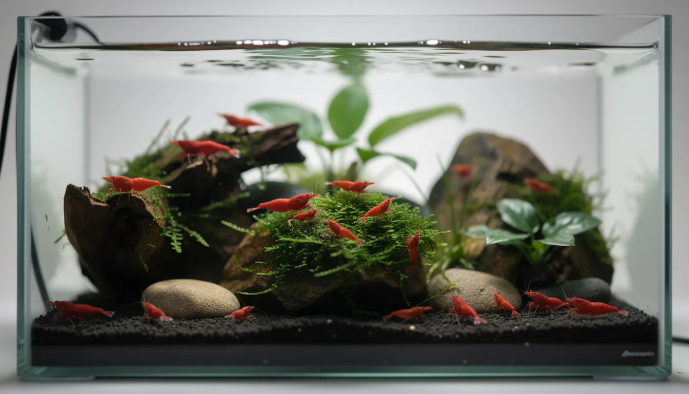 Nano-Becken mit idealer Besatzdichte: etwa 15 Red Cherry Garnelen verteilt im Becken