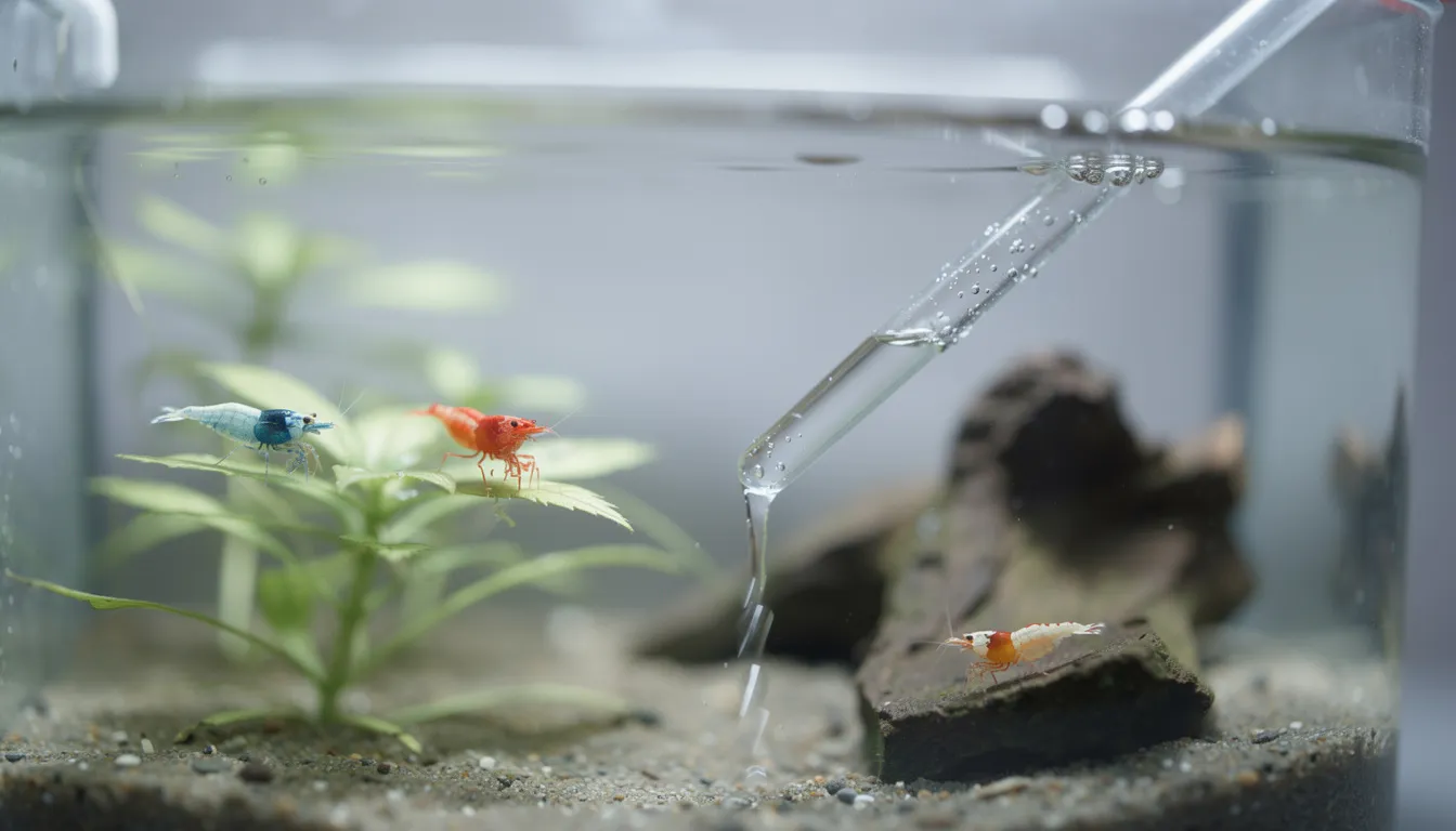 Vorsichtiger Wasserwechsel im Nano-Becken mit dünnem Schlauch, Garnelen beobachten