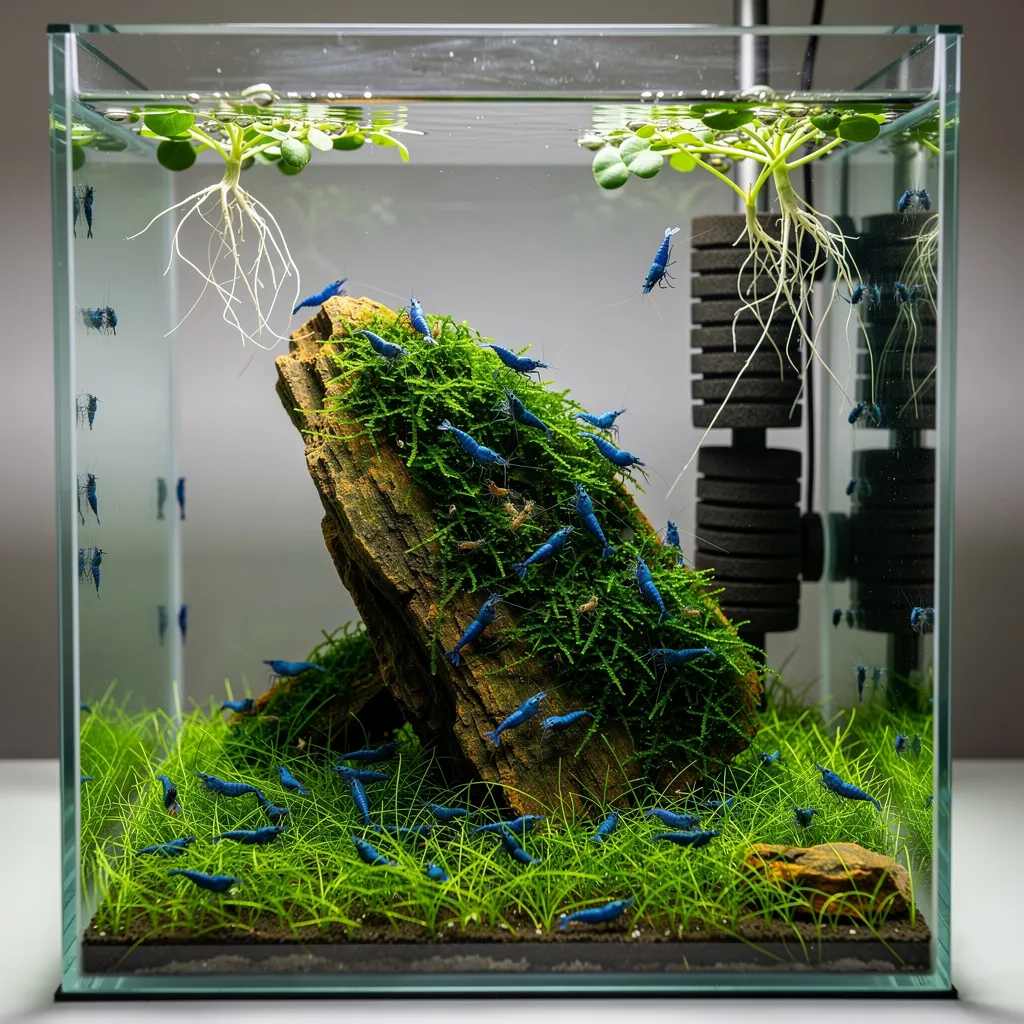 Lebendiges Nano-Garnelenbecken mit 25 Blue-Dream-Garnelen, Moos und Eleocharis-Teppich