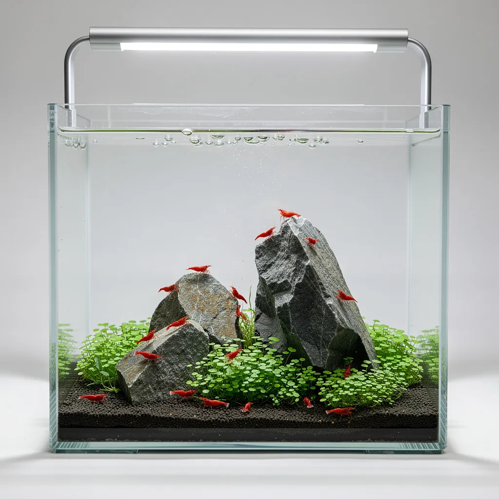 Mini-Iwagumi im 20-Liter-Nano-Cube: Drei kleine Drachensteine mit Marsilea-Teppich und Garnelen