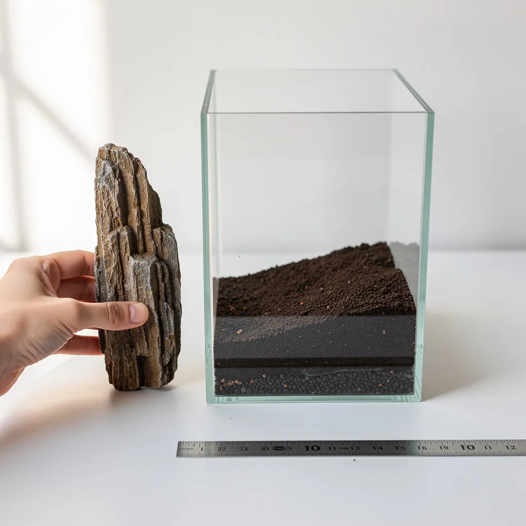 Proportions-Check: 5-cm-Stein wird neben Nano-Cube gehalten — ein Drittel der Beckenhöhe