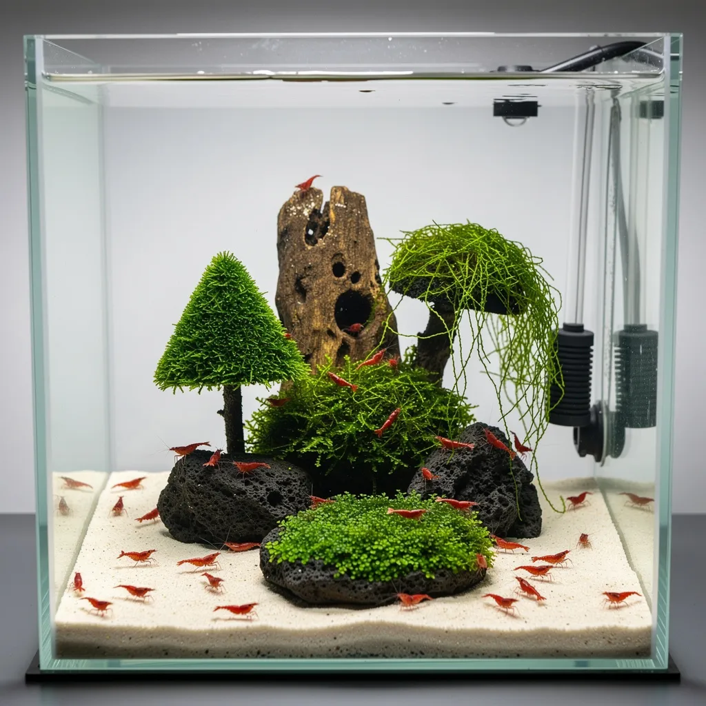 Mooslandschaft im Nano-Becken: Vier Lavasteine mit verschiedenen Moosarten und Bloody-Mary-Garnelen