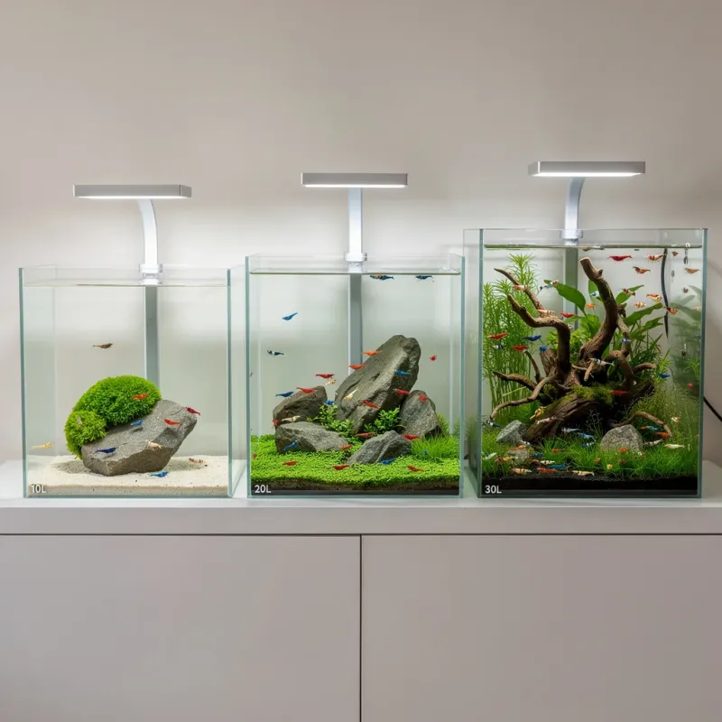 Drei Nano-Cubes im Größenvergleich: 10, 20 und 30 Liter mit unterschiedlichen Aquascapes