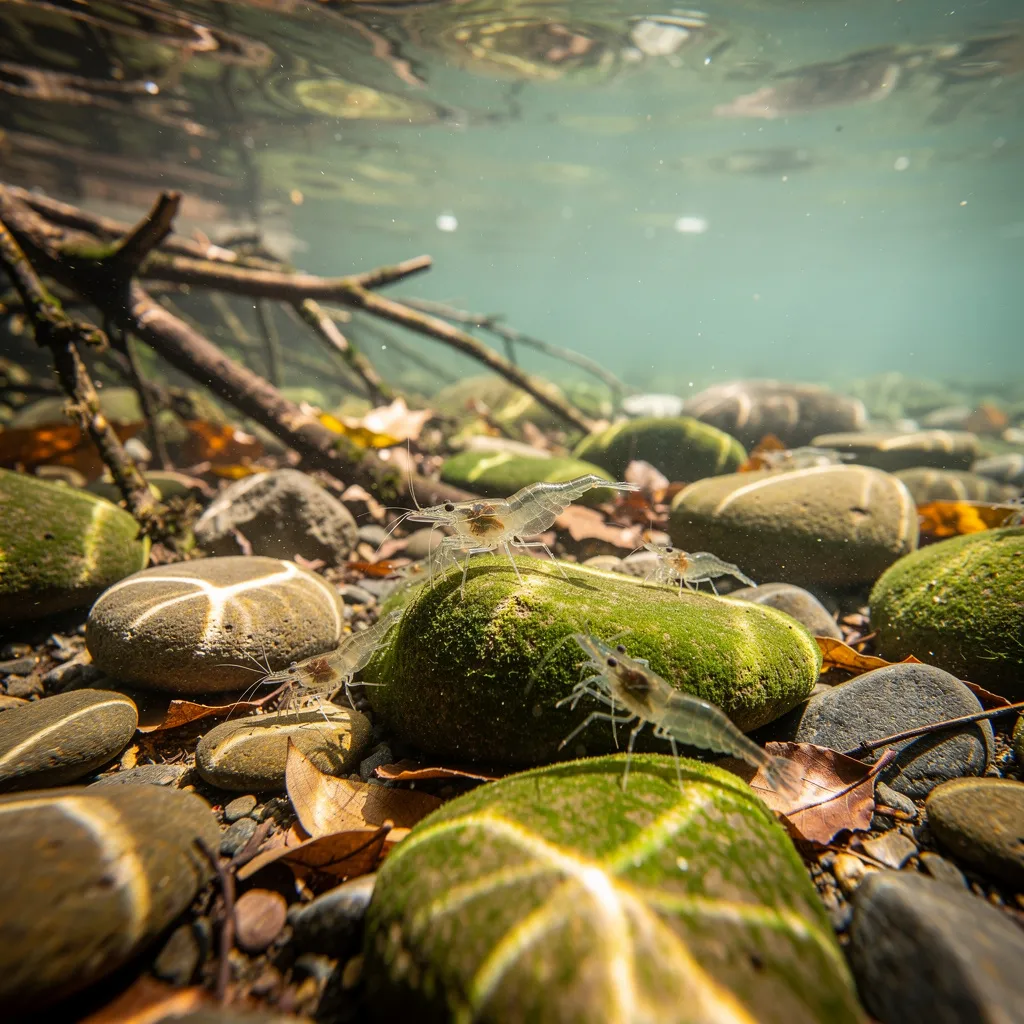 Natürlicher Bachlauf-Lebensraum in Taiwan mit wildtypischen Neocaridina davidi auf Kieseln