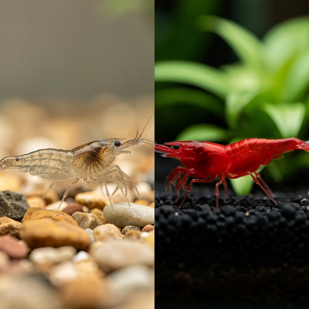 Vergleich Wildtyp und Fire-Red-Neocaridina: transparente Urform neben intensiv roter Zuchtform
