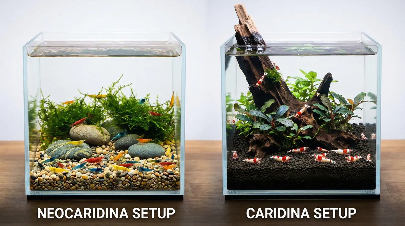 Zwei Aquarien: Neocaridina auf Kies vs. Caridina auf aktivem Soil