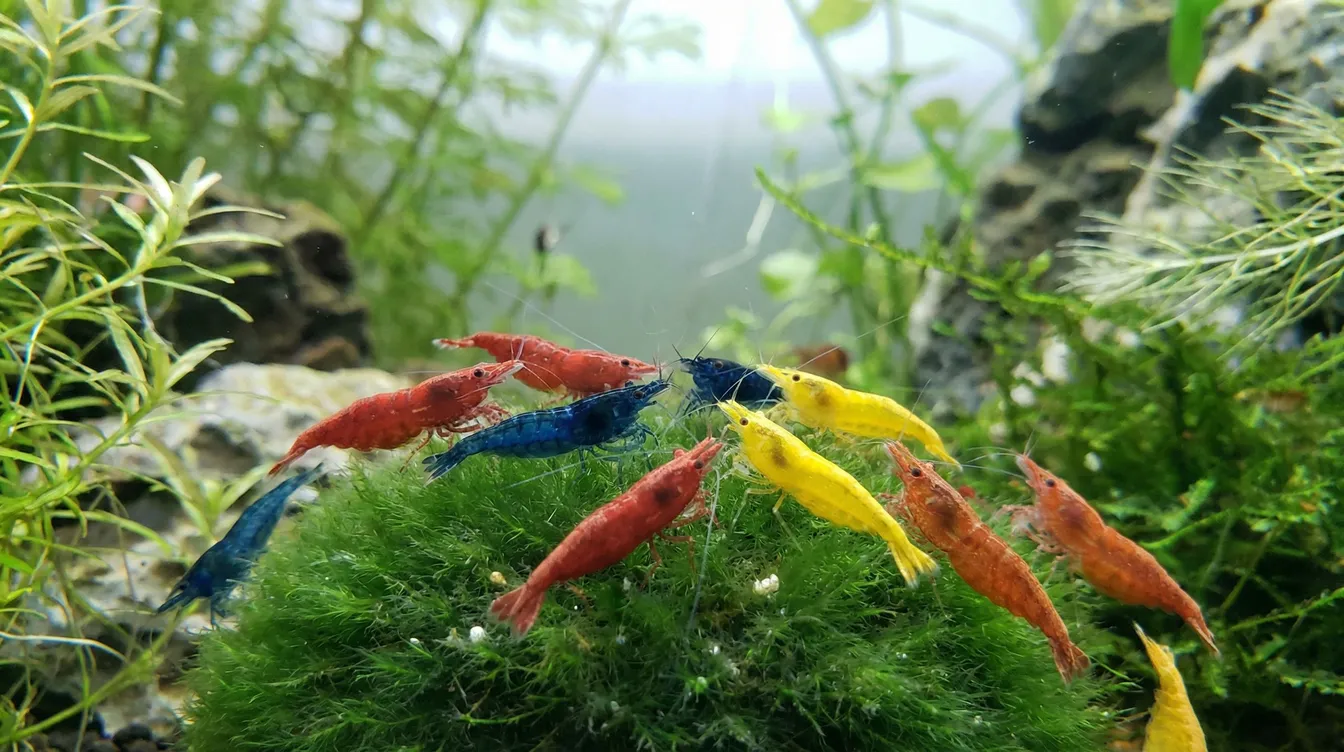 Verschiedene Neocaridina-Farbschläge zusammen: Rot, Blau, Gelb und Orange