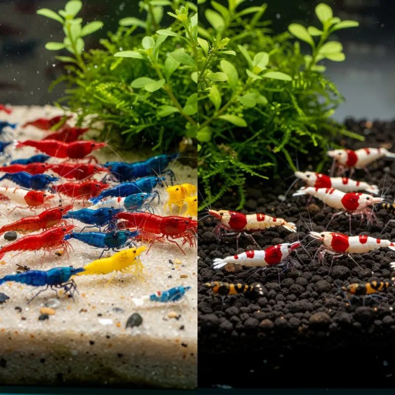 Farbvergleich: bunte Neocaridina-Gruppe auf hellem Kies neben hochgradigen Caridina auf dunklem Soil