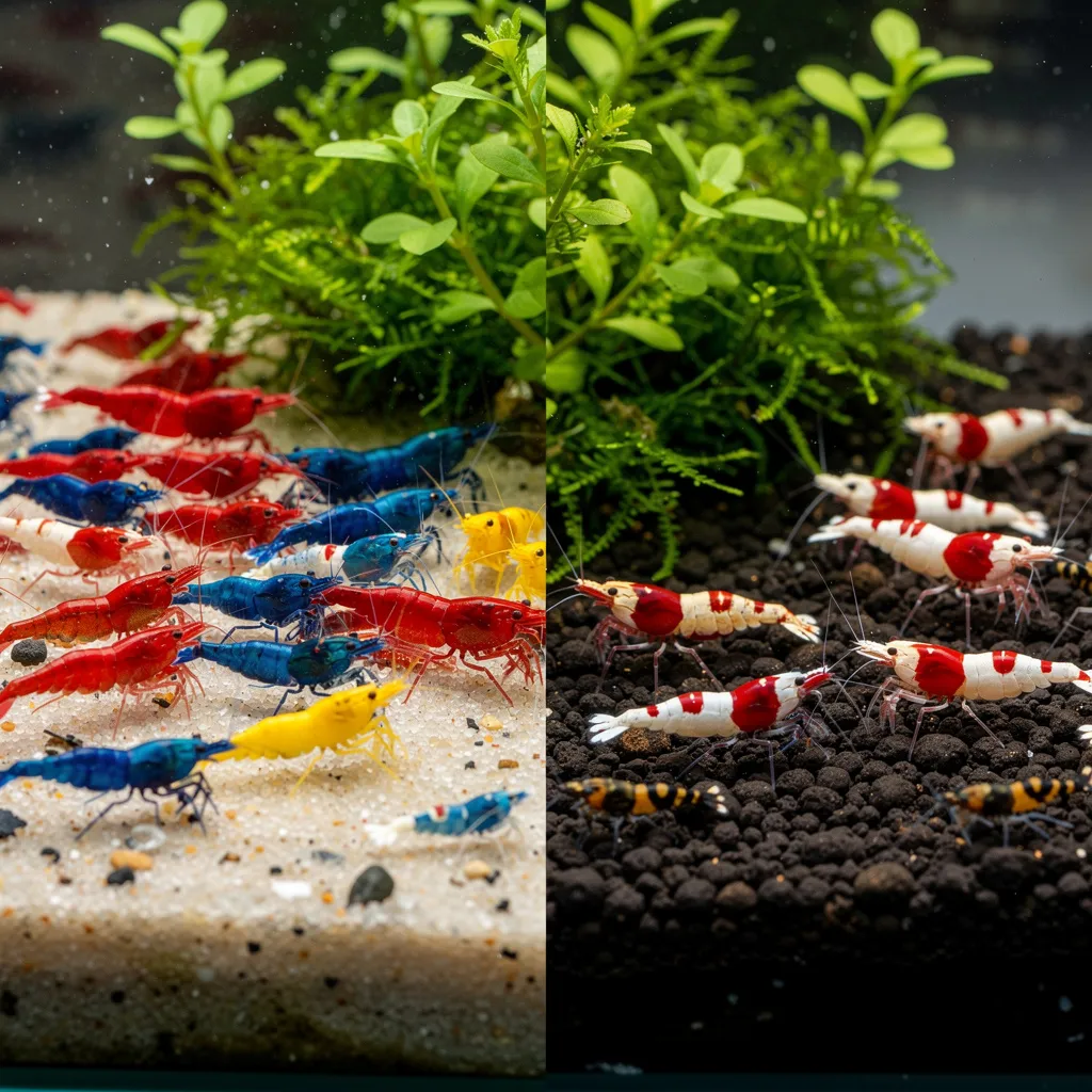 Farbvergleich: bunte Neocaridina-Gruppe auf hellem Kies neben hochgradigen Caridina auf dunklem Soil