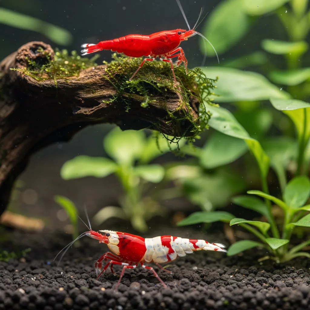 Gemischtes Garnelenbecken mit roter Neocaridina auf Wurzelholz und Crystal-Red-Caridina am Boden