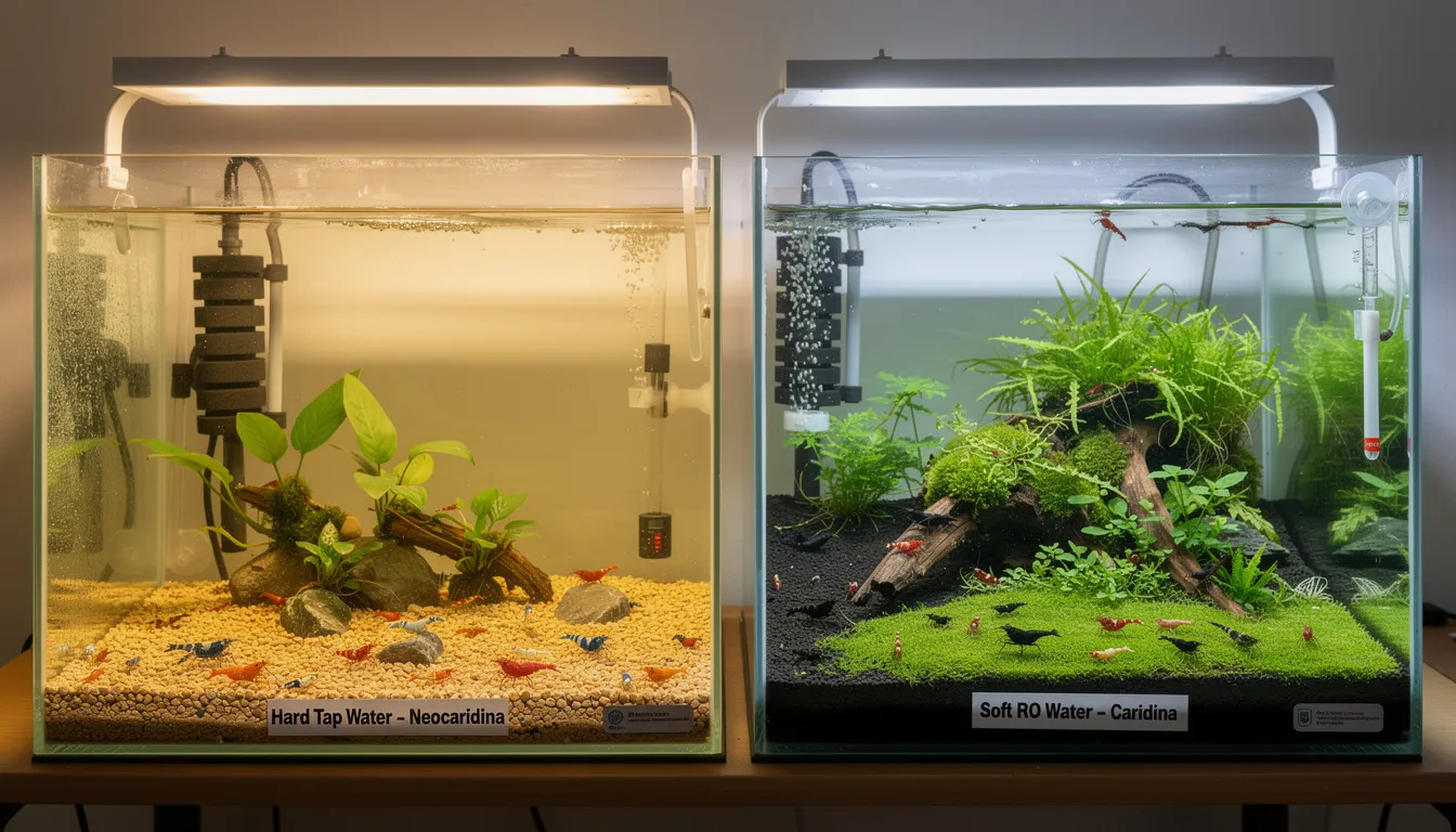 Zwei Becken im Vergleich: Neocaridina mit Leitungswasser links, Caridina mit Osmosewasser rechts