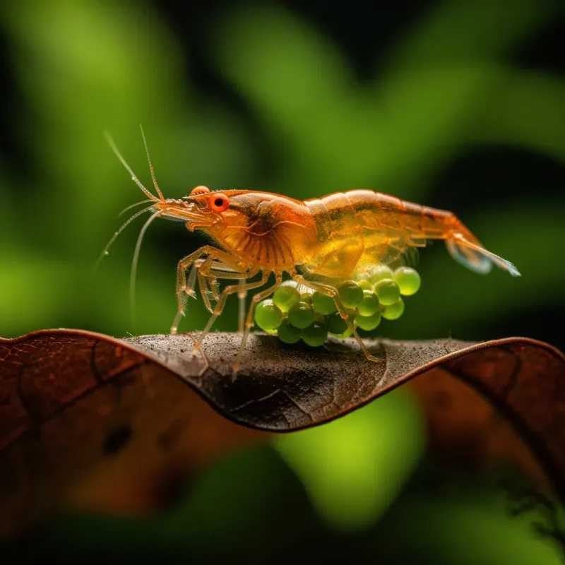 Makroaufnahme einer tragenden Orange-Eye-Neocaridina mit orangenen Augen und grünen Eiern auf Laub