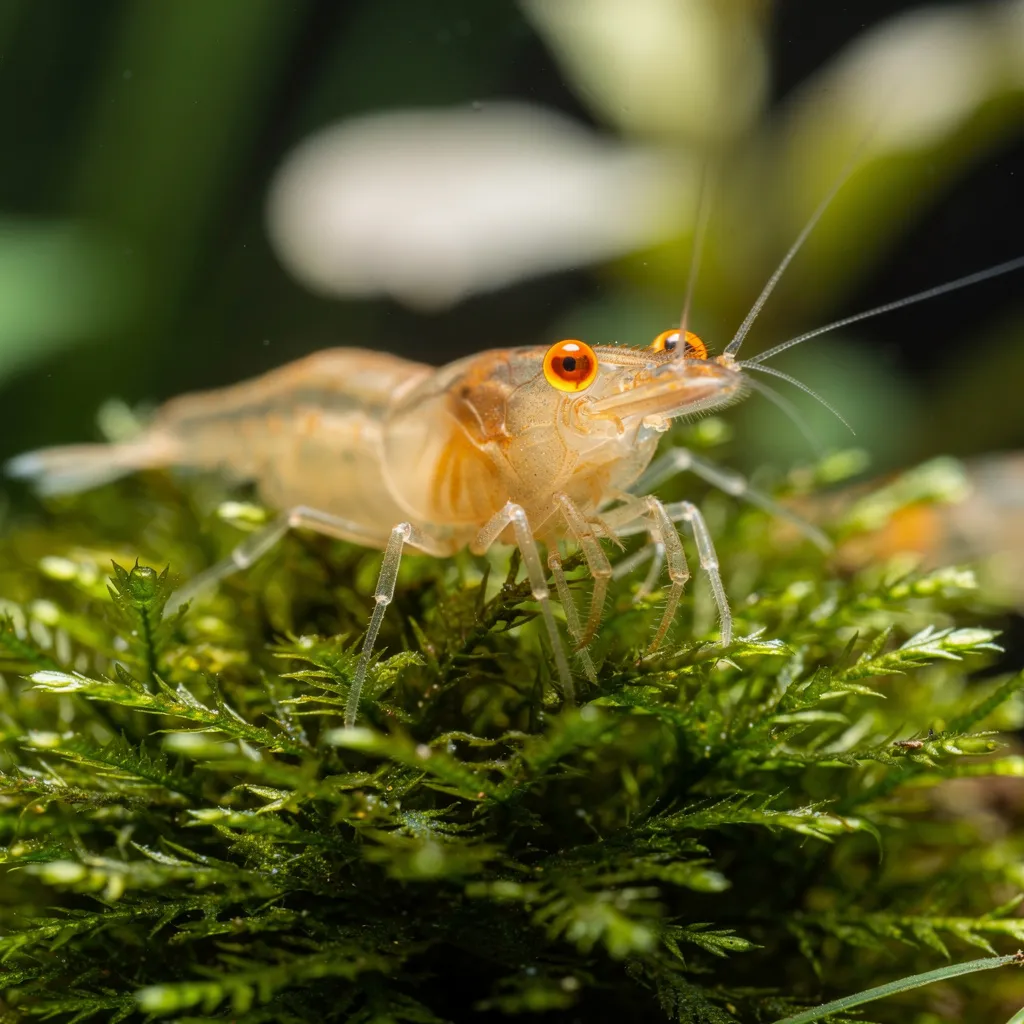 Fünf OE-Neocaridina-Farbvarianten nebeneinander auf Wurzelholz: Blue Dream, Red Rili, Yellow, Jade, Orange
