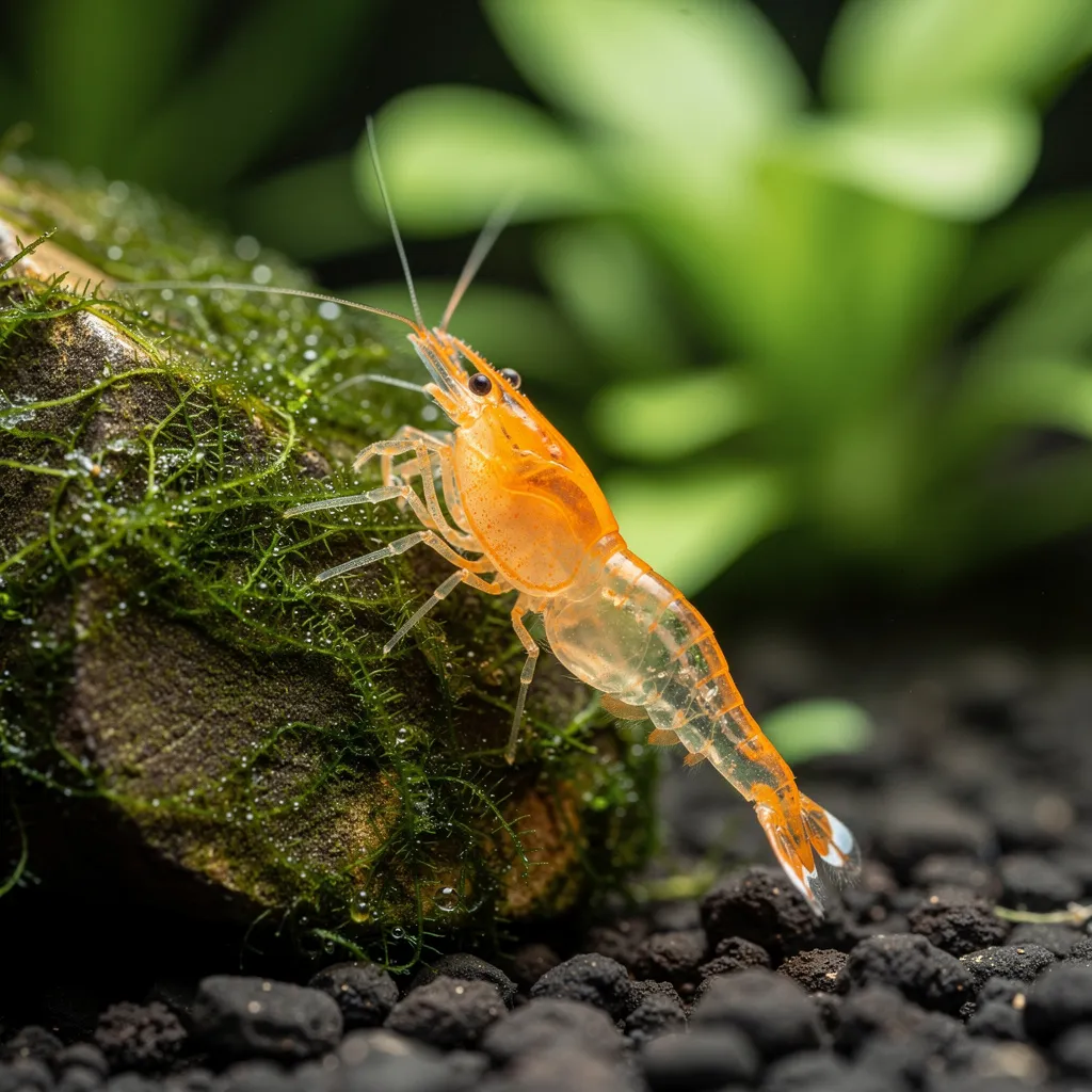 Orange Rili Garnele auf bemoostem Stein — orangefarbener Kopf und Schwanz, glasklare Mitte