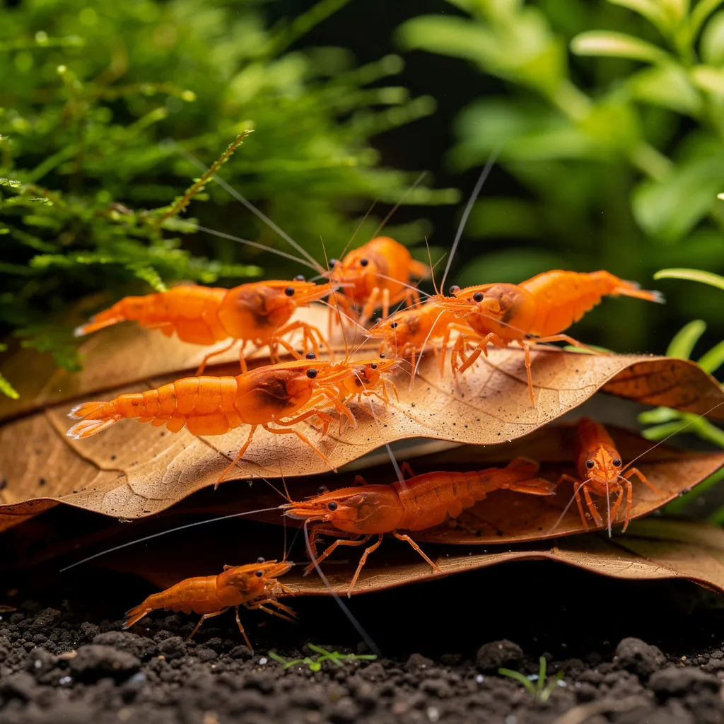 Gruppe Orange Sakura Garnelen beim Abweiden von Seemandelbaumlaub im Aquarium