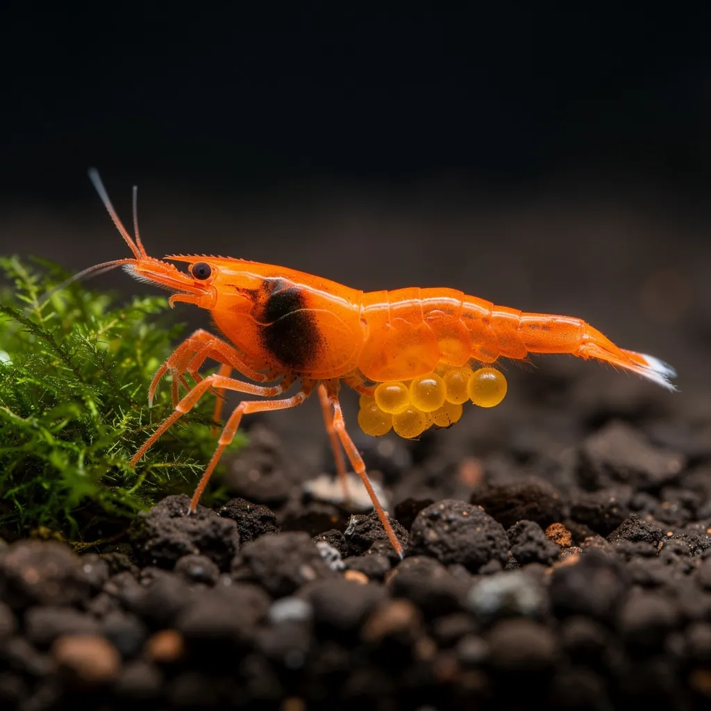 Orange Sakura Weibchen mit Eiern — sattes Mandarinorange und dunkler Eifleck im Nacken