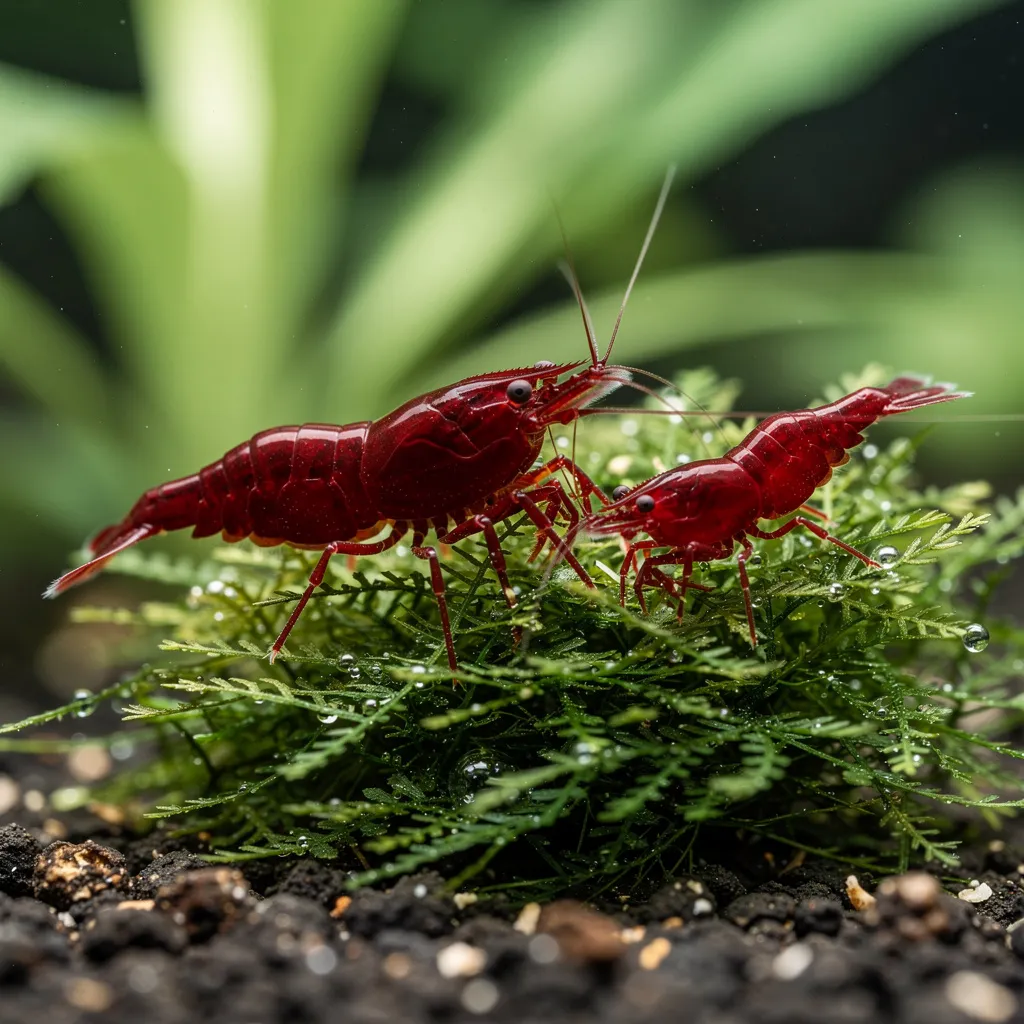 Painted Fire Red Garnelen mit extrem deckender, tiefroter Färbung im bepflanzten Becken