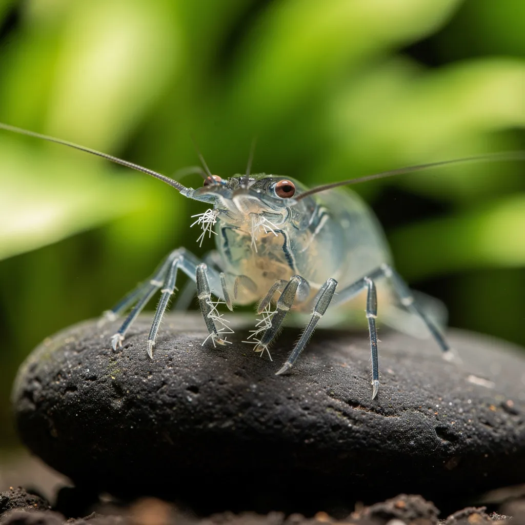 Nahaufnahme einer Garnele mit Scutariella-Parasiten als feine weiße Fäden am Rostrum im Aquarium