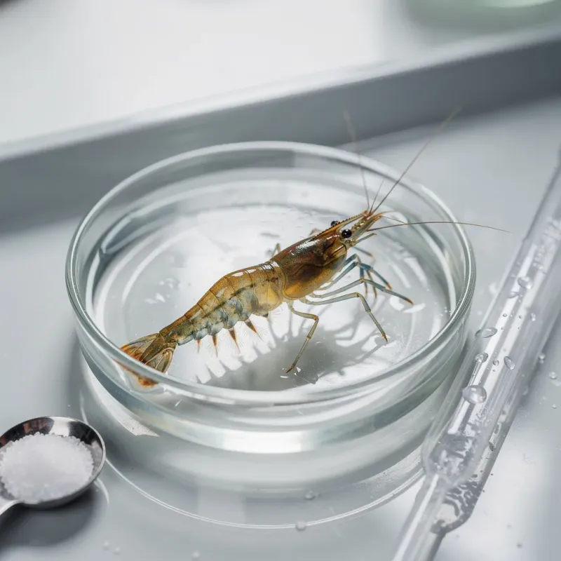 Garnele im Salzbad zur Parasitenbehandlung in kleiner Glasschale mit Pipette und Messlöffel