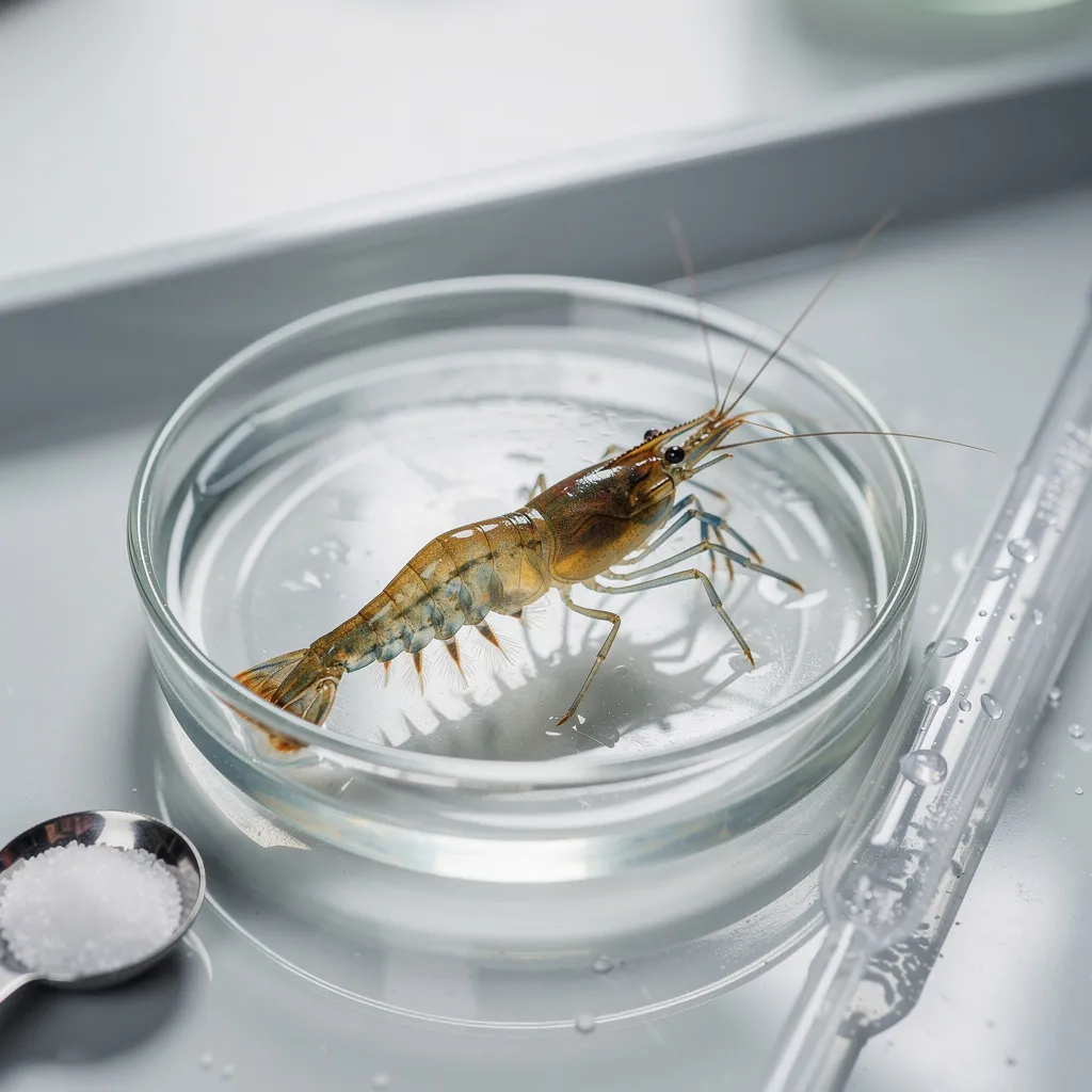 Garnele im Salzbad zur Parasitenbehandlung in kleiner Glasschale mit Pipette und Messlöffel
