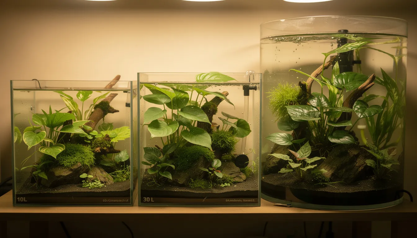 Drei Low-Tech-Becken verschiedener Größen mit ueppiger Bepflanzung ohne CO2