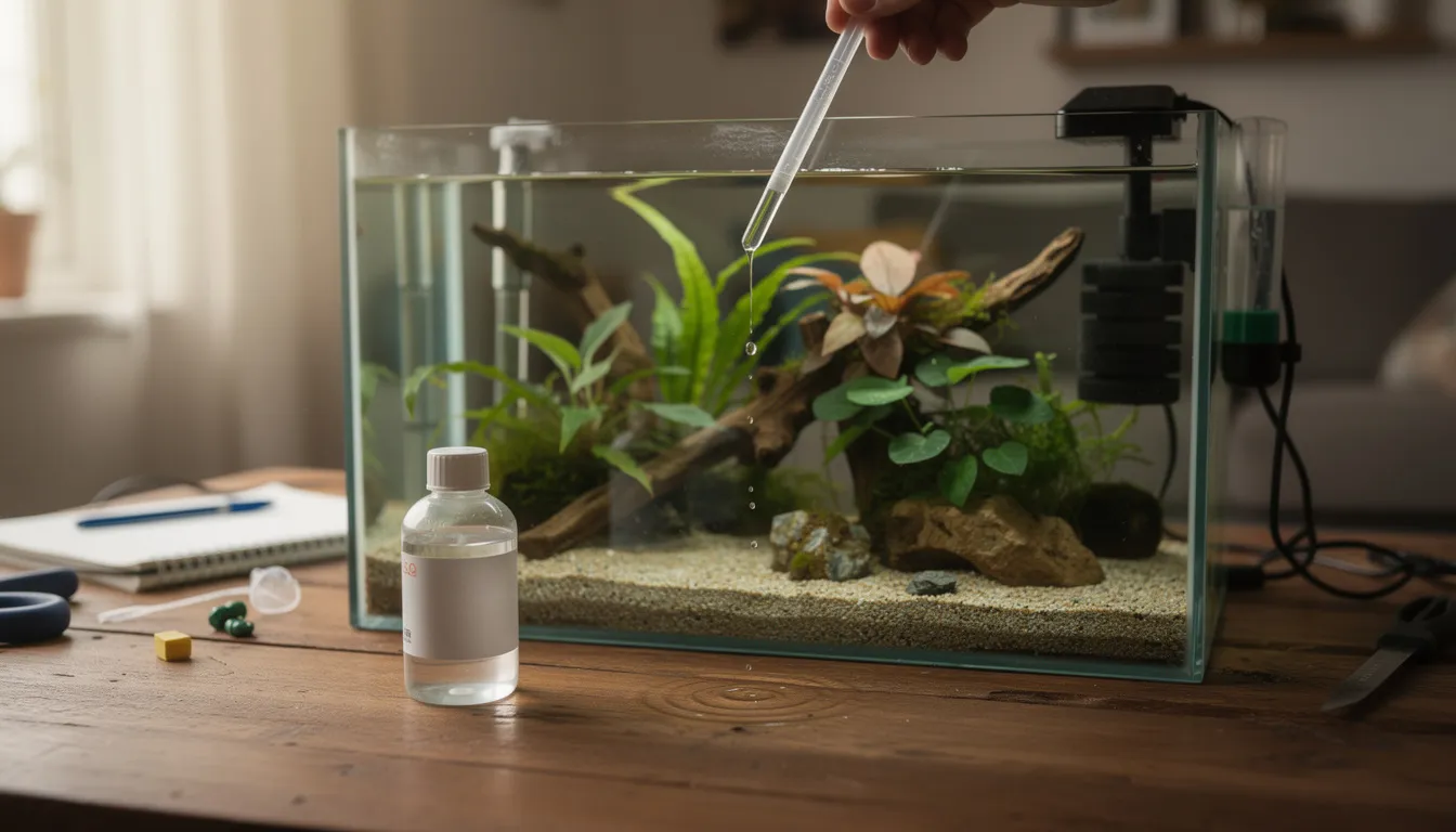 Fluessigdünger wird mit Pipette ins Low-Tech-Becken dosiert — einfache Düngung ohne CO2