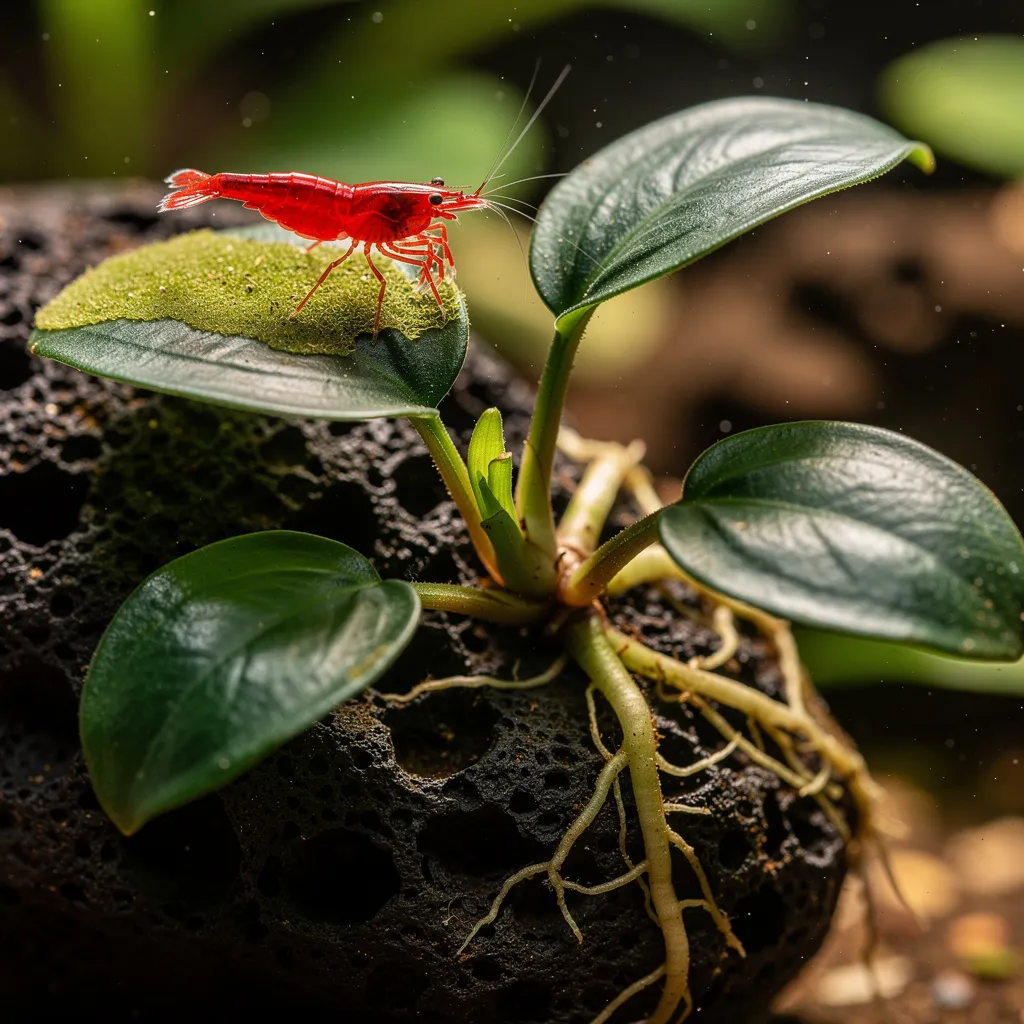 Anubias barteri nana auf Lavastein mit kräftigen dunkelgrünen Blättern und roter Garnele auf Blattoberfläche